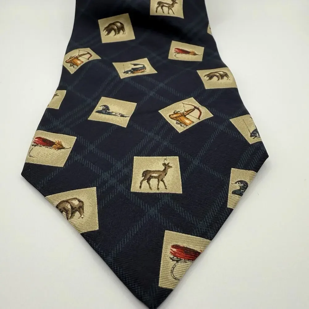 Chaps Ralph Lauren 100% Silk Tie Made‎ in USA Plaid Outdoorsman Print Fish Deer
